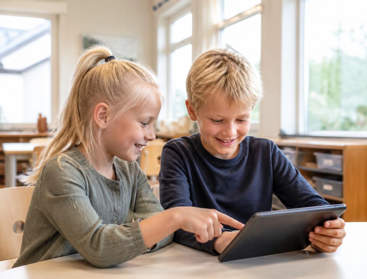 To elever i indskolingen arbejder sammen på en tablet i et lyst klasselokale